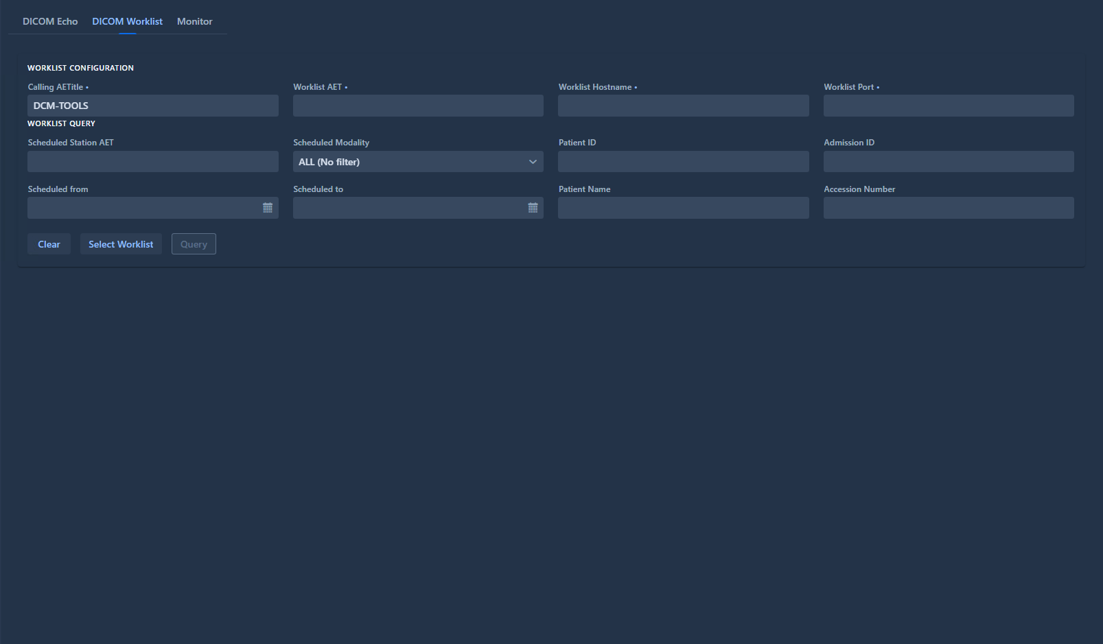 DICOM Tools Worklist main page