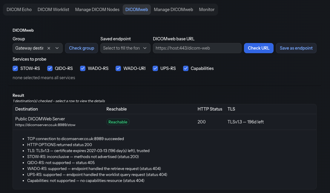 DICOMweb endpoint check result